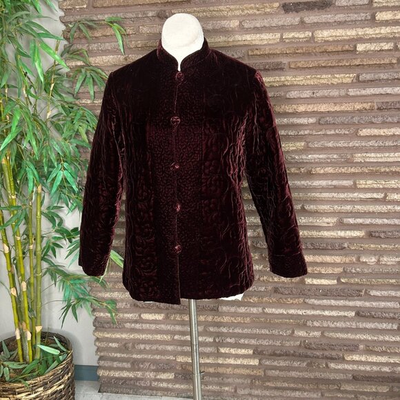 Vintage 90s Burgundy Plum Quilted Velvet Asian Jacket Size XL - Picture 7 of 7